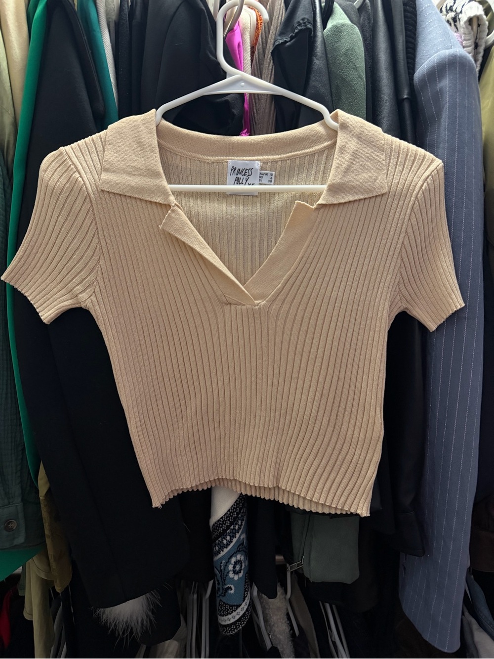 Princess Polly Ribbed Collared Crop Top - Beige
